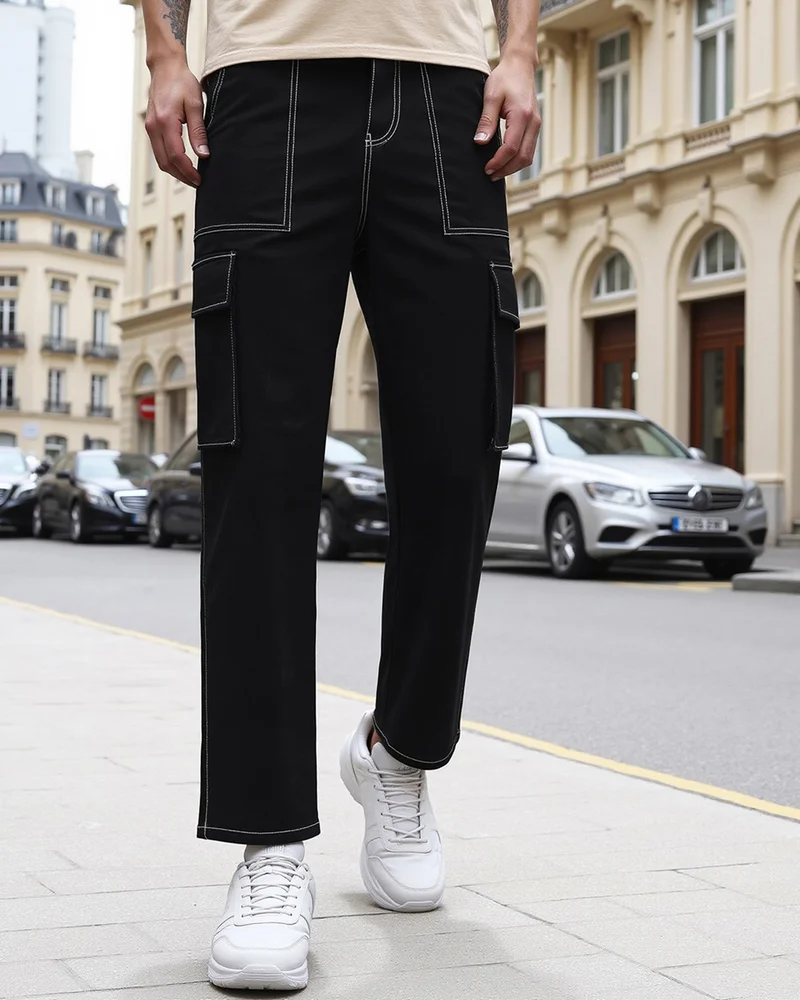 Men's Black Straight Fit Cargo Pants